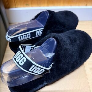 UGG Black Fuzz Slippers with Branded Heel Strap